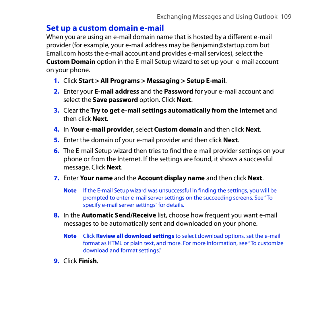 HTC ROSE100 user manual Set up a custom domain e-mail, Click Start All Programs Messaging Setup E-mail 