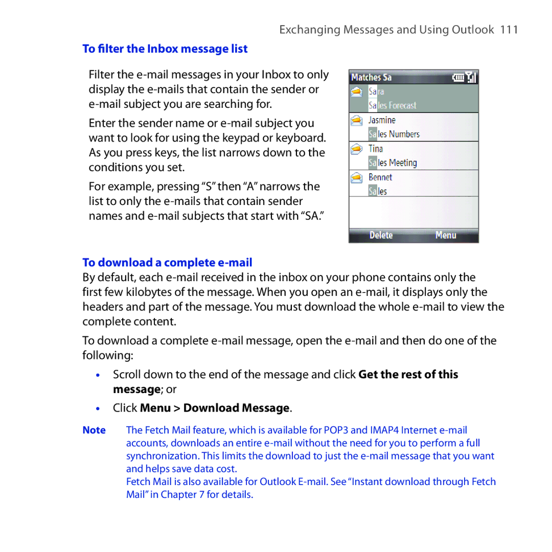 HTC ROSE100 user manual To filter the Inbox message list, To download a complete e-mail, Click Menu Download Message 