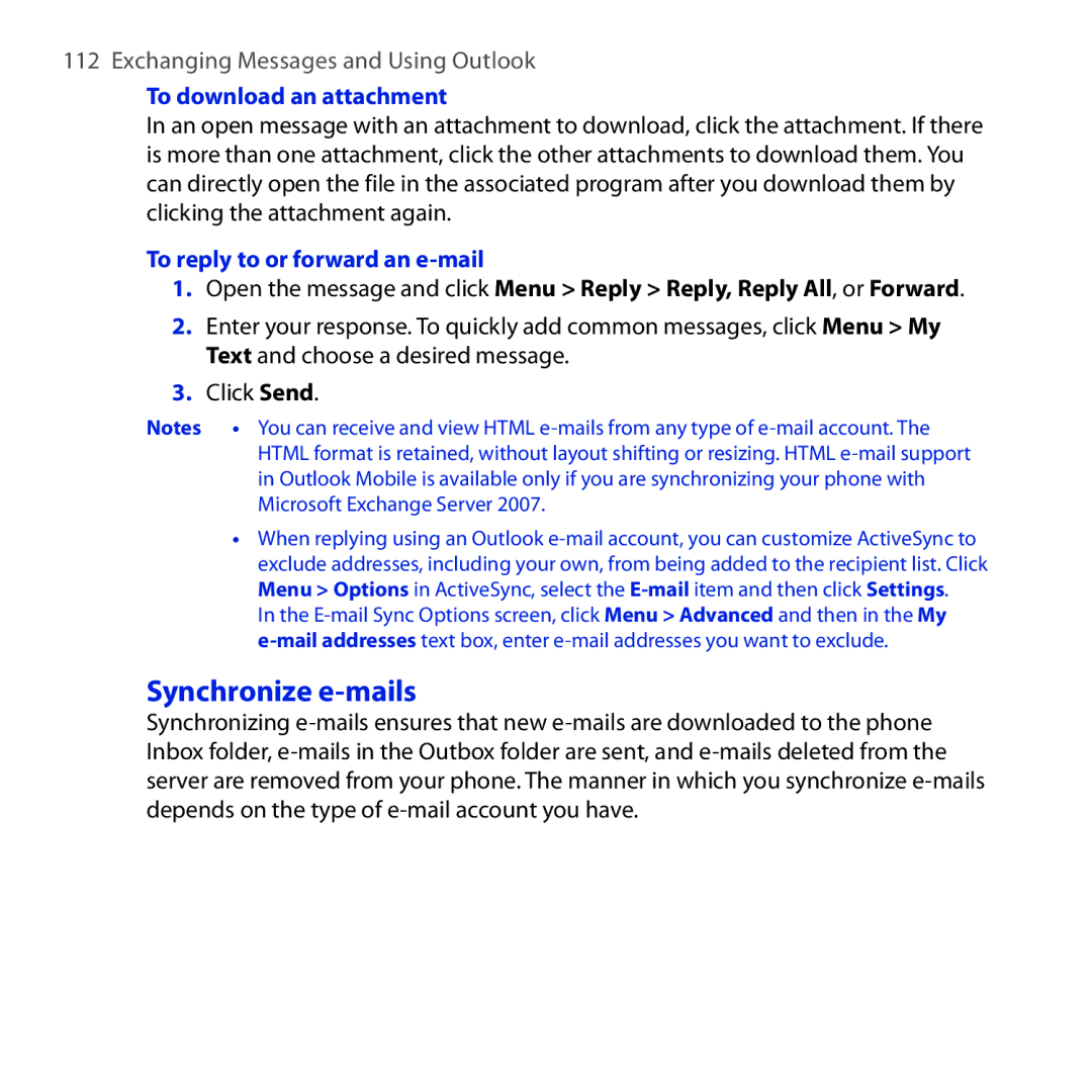 HTC ROSE100 user manual Synchronize e-mails, To download an attachment, To reply to or forward an e-mail 