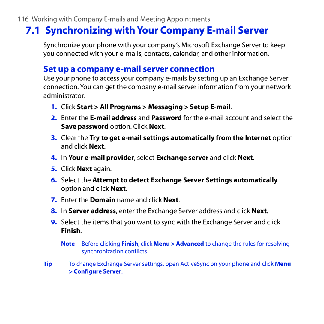 HTC ROSE100 user manual Synchronizing with Your Company E-mail Server, Set up a company e-mail server connection 