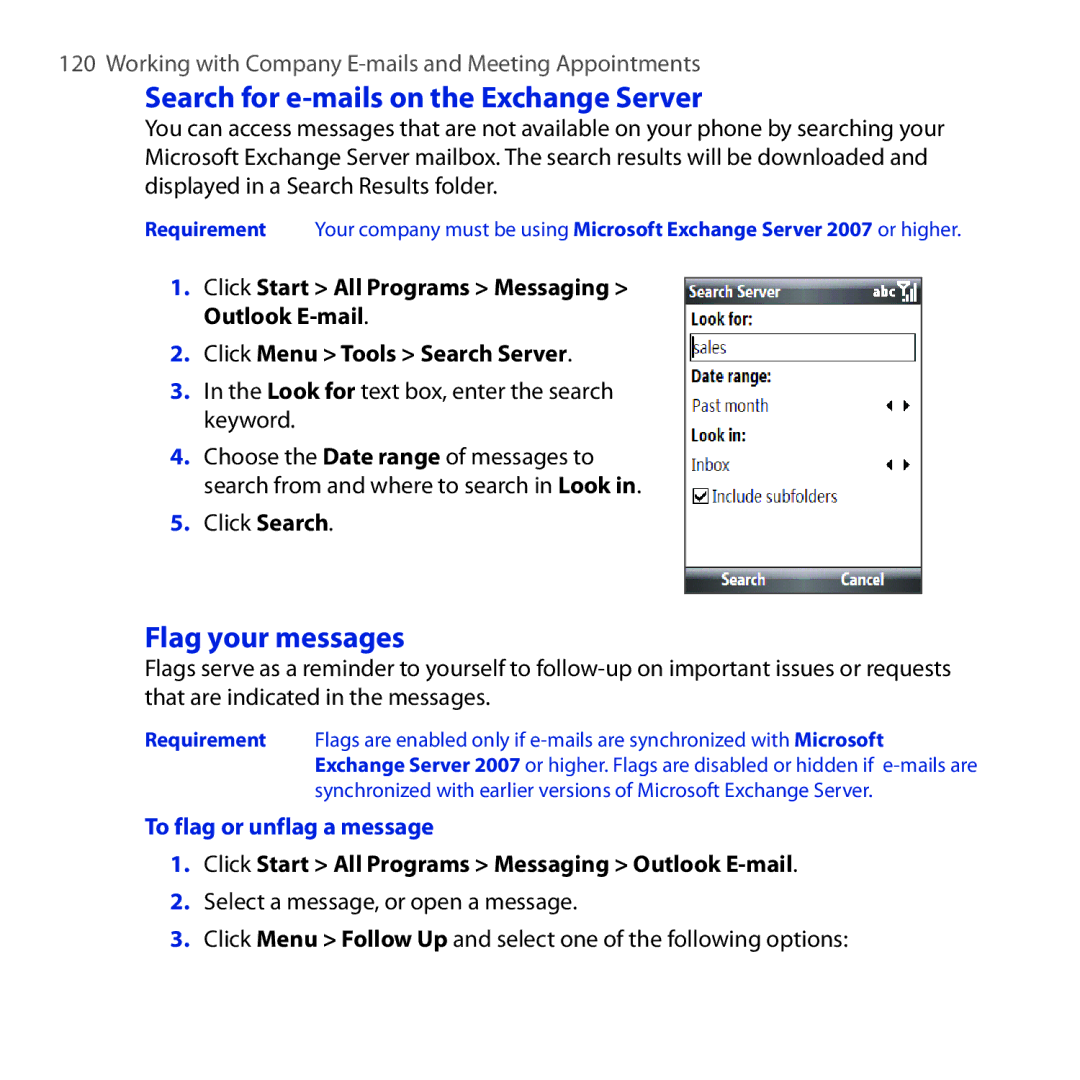 HTC ROSE100 user manual Search for e-mails on the Exchange Server, Flag your messages, To flag or unflag a message 