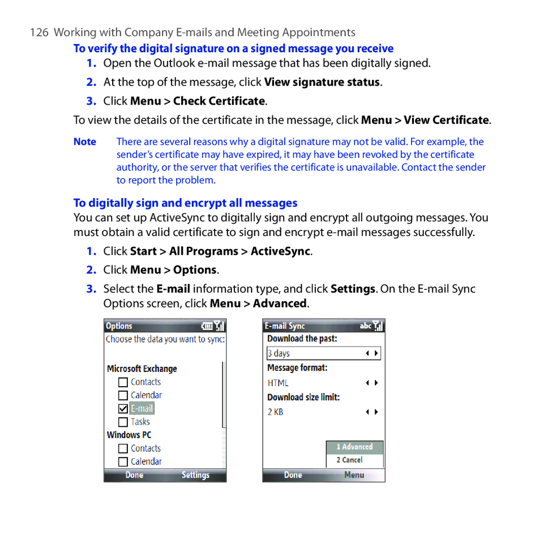 HTC ROSE100 user manual Click Menu Check Certificate, To digitally sign and encrypt all messages 