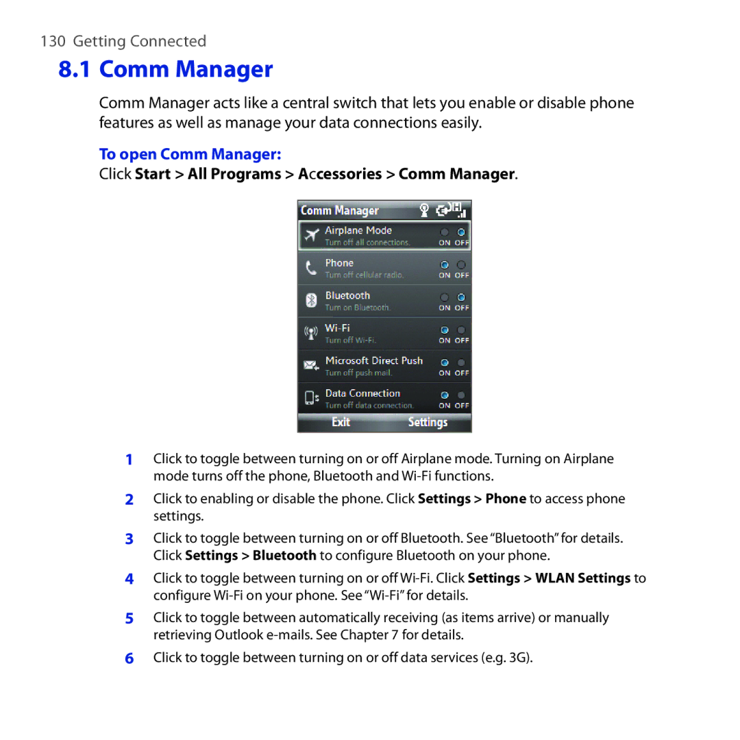 HTC ROSE100 user manual To open Comm Manager, Click Start All Programs Accessories Comm Manager 