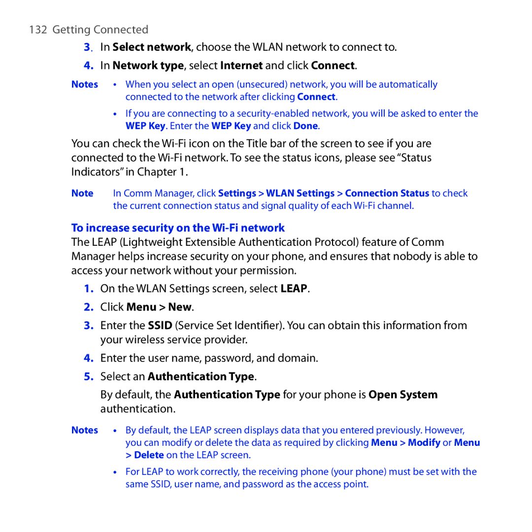 HTC ROSE100 user manual Network type, select Internet and click Connect, To increase security on the Wi-Fi network 