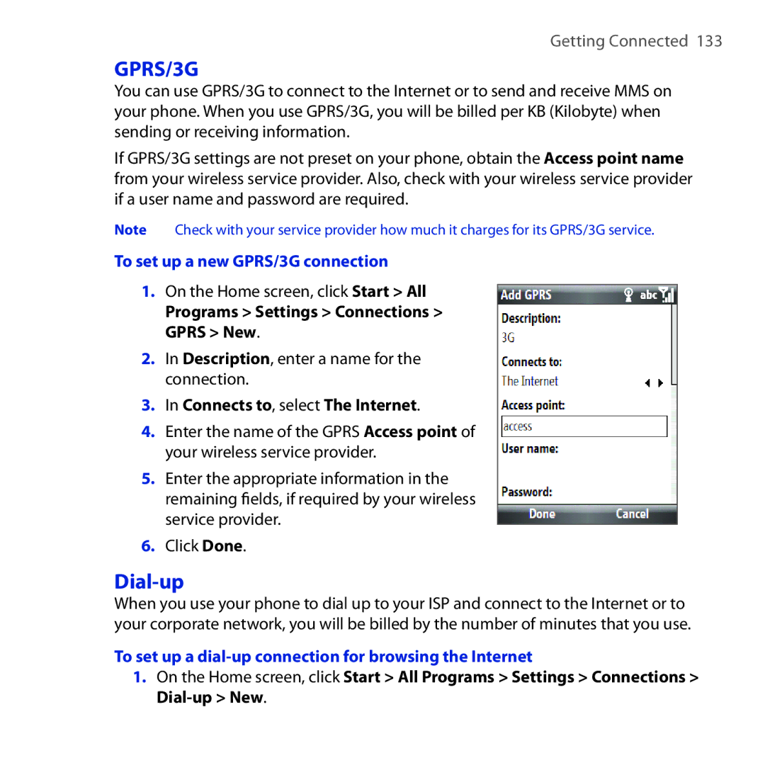 HTC ROSE100 user manual Dial-up, To set up a new GPRS/3G connection, Programs Settings Connections Gprs New 