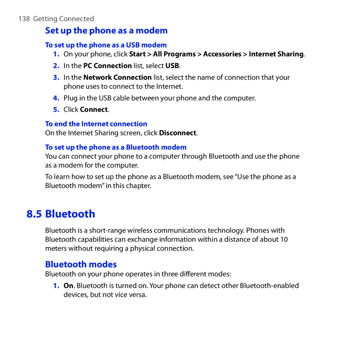 HTC ROSE100 user manual Set up the phone as a modem, Bluetooth modes, To set up the phone as a USB modem 