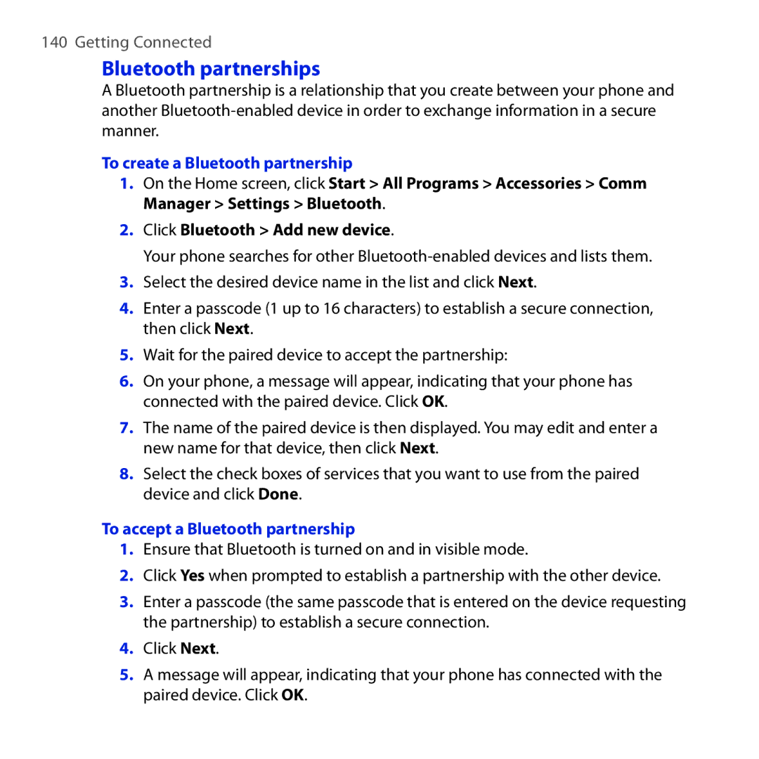 HTC ROSE100 user manual Bluetooth partnerships, To create a Bluetooth partnership, Click Bluetooth Add new device 