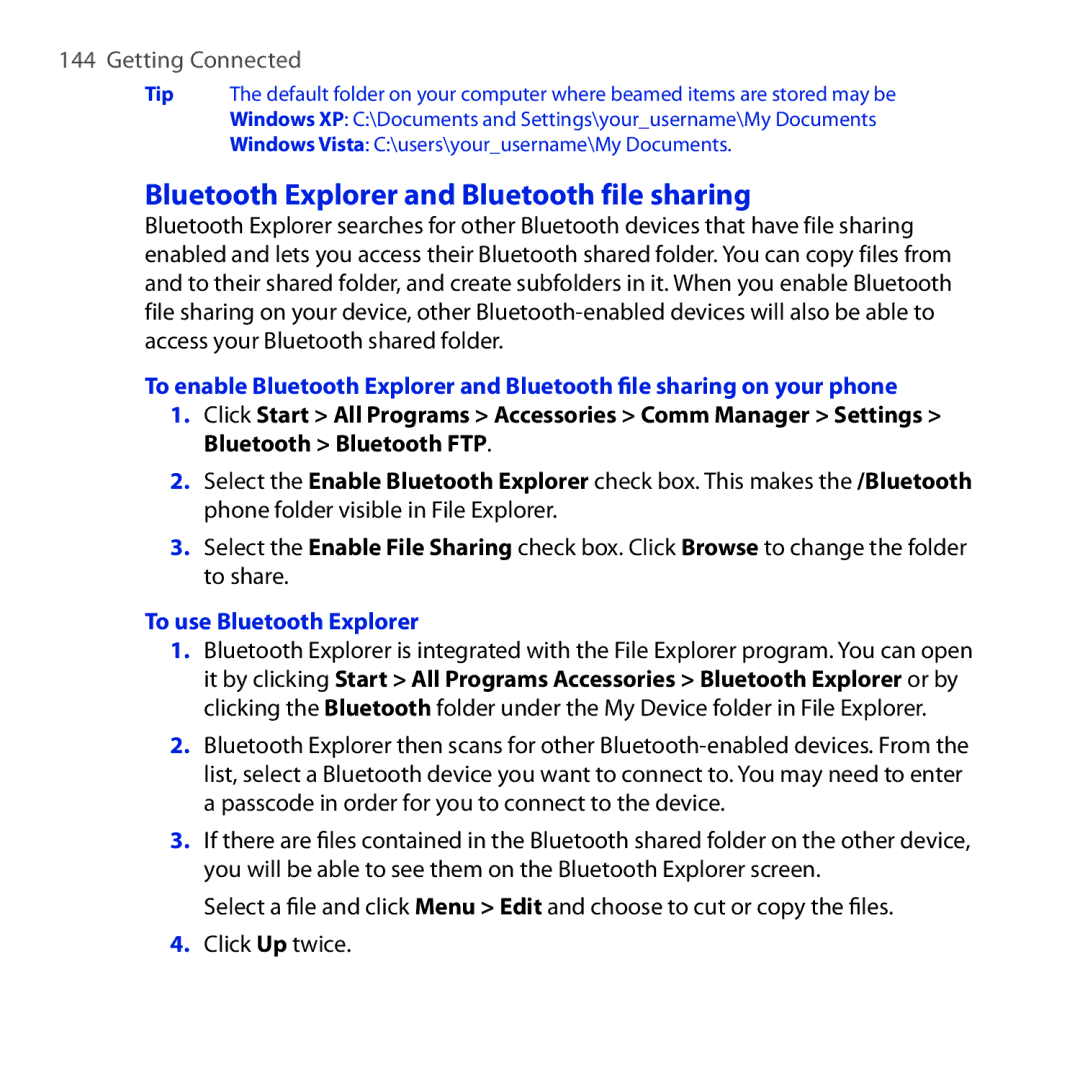 HTC ROSE100 user manual Bluetooth Explorer and Bluetooth file sharing, To use Bluetooth Explorer 