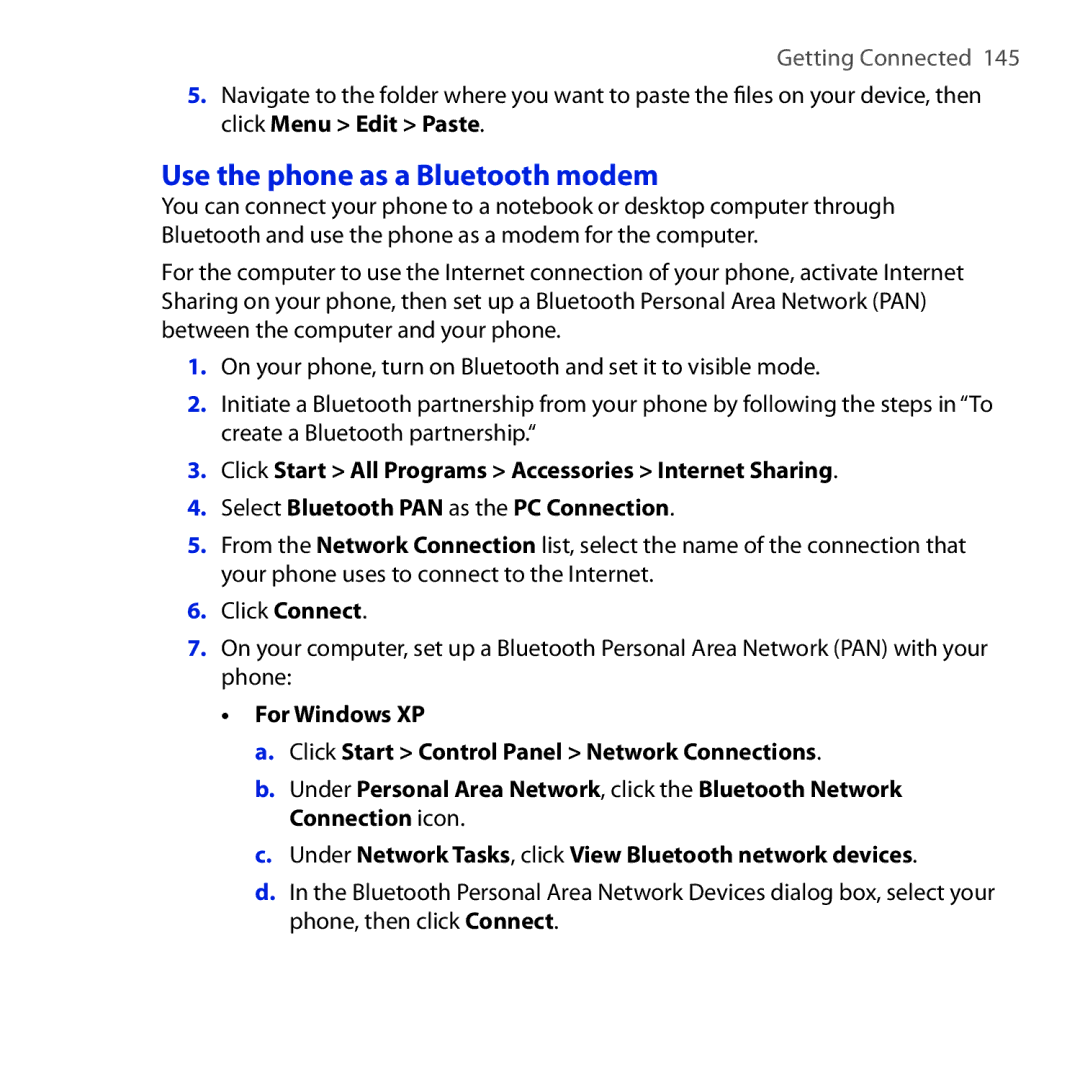 HTC ROSE100 user manual Use the phone as a Bluetooth modem 