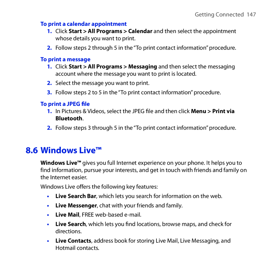 HTC ROSE100 user manual To print a calendar appointment, To print a message, To print a Jpeg file 