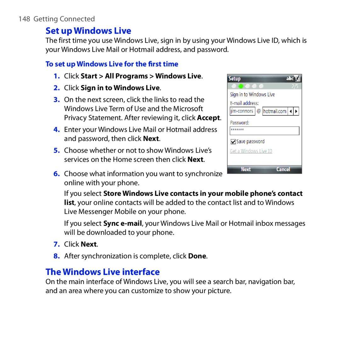 HTC ROSE100 user manual Set up Windows Live, Windows Live interface, To set up Windows Live for the first time 