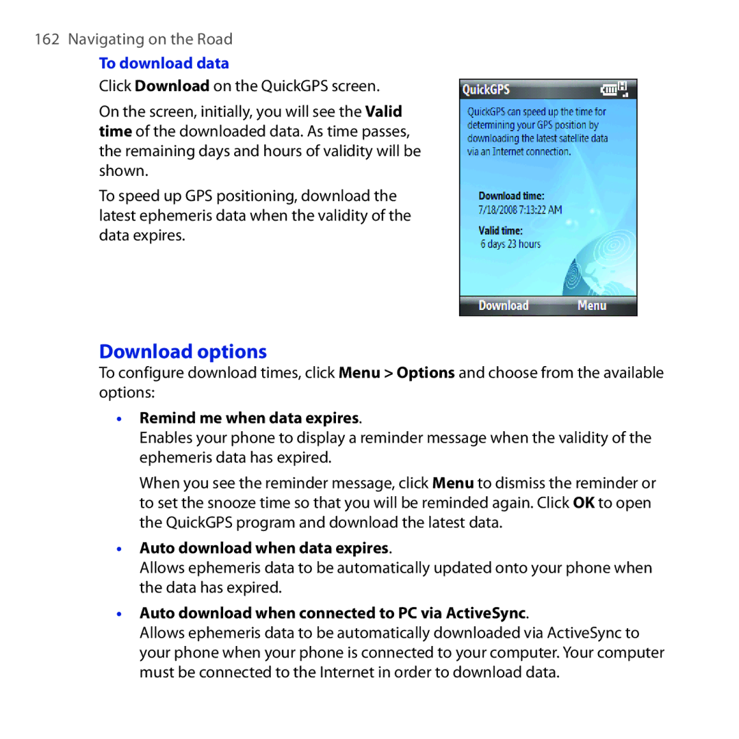 HTC ROSE100 user manual Download options, To download data, Remind me when data expires, Auto download when data expires 