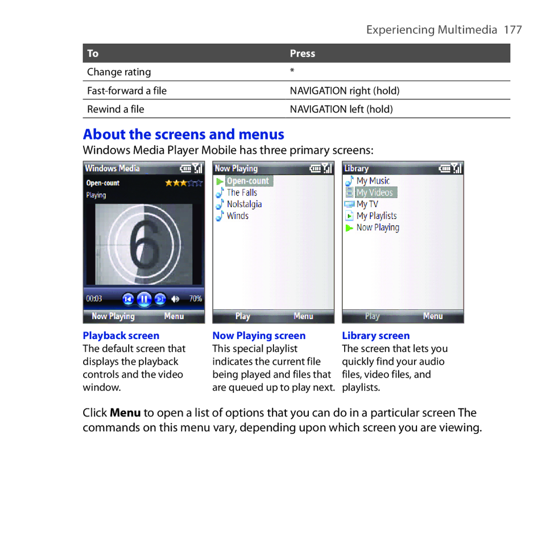 HTC ROSE100 user manual About the screens and menus, Windows Media Player Mobile has three primary screens 