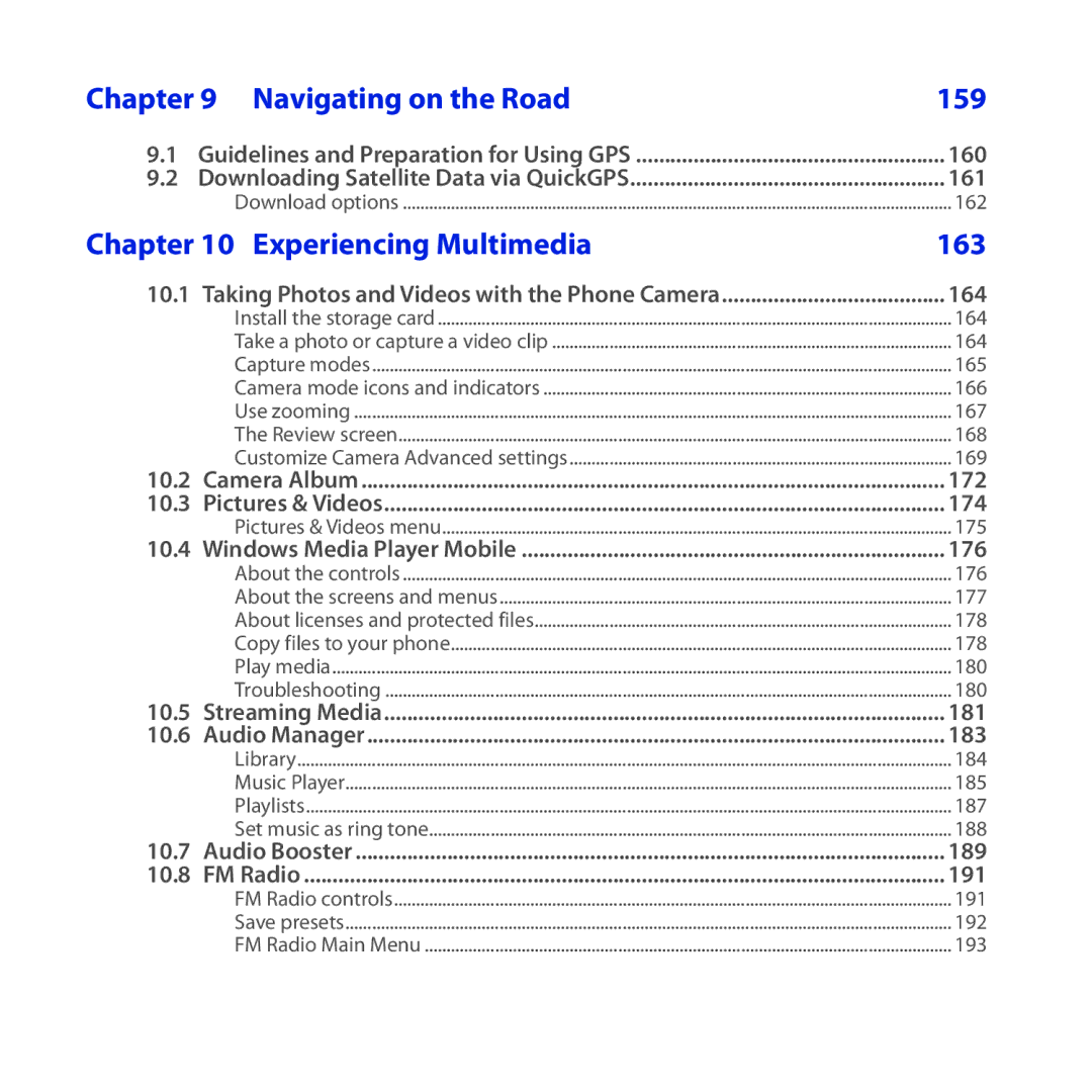 HTC ROSE100 user manual Navigating on the Road 159, Experiencing Multimedia 163 