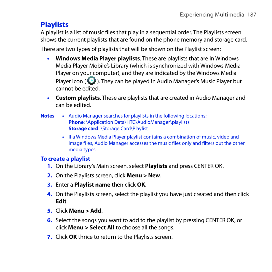 HTC ROSE100 user manual Playlists, To create a playlist, Click Menu Add 