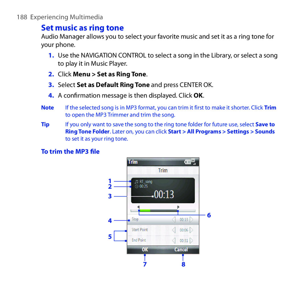 HTC ROSE100 user manual Set music as ring tone, Click Menu Set as Ring Tone, To trim the MP3 file 