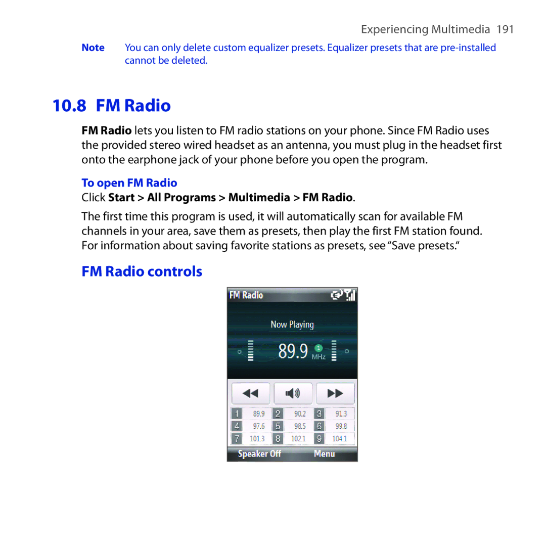 HTC ROSE100 user manual FM Radio controls, To open FM Radio, Click Start All Programs Multimedia FM Radio 