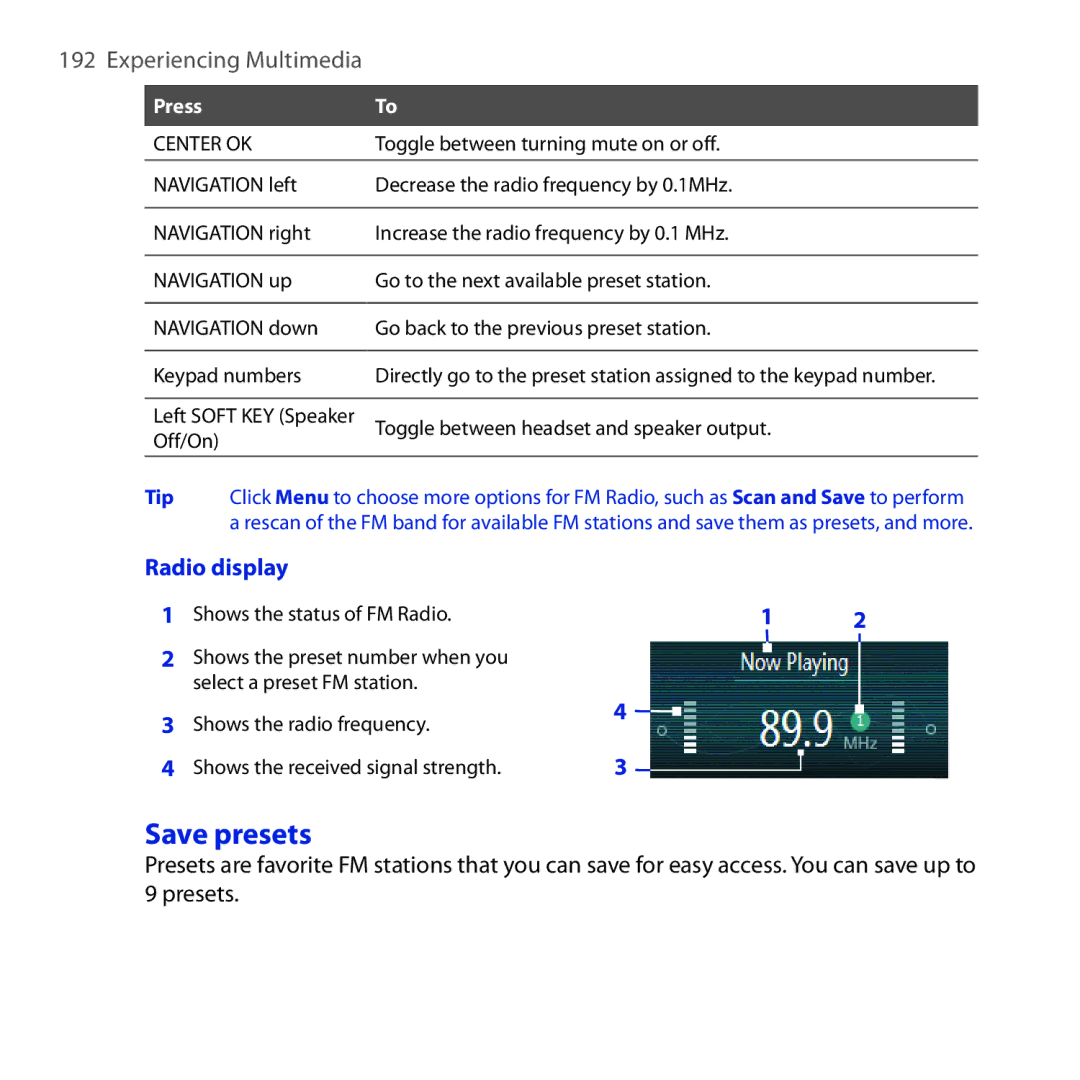 HTC ROSE100 user manual Save presets, Radio display 