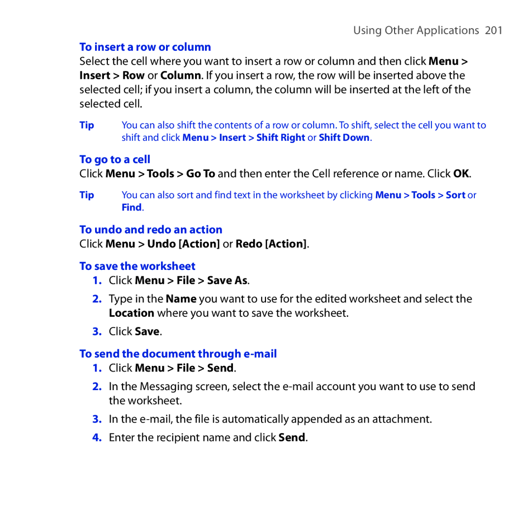 HTC ROSE100 To insert a row or column, To go to a cell, To undo and redo an action, Click Menu Undo Action or Redo Action 