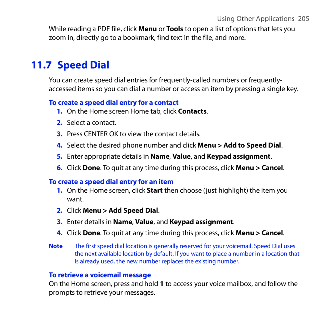 HTC ROSE100 user manual To create a speed dial entry for a contact, To create a speed dial entry for an item 