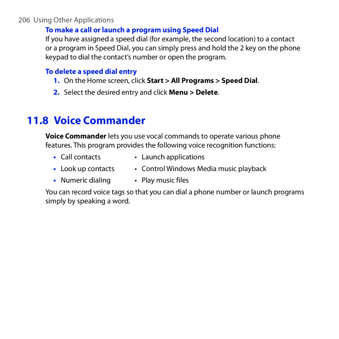 HTC ROSE100 user manual To make a call or launch a program using Speed Dial, To delete a speed dial entry 