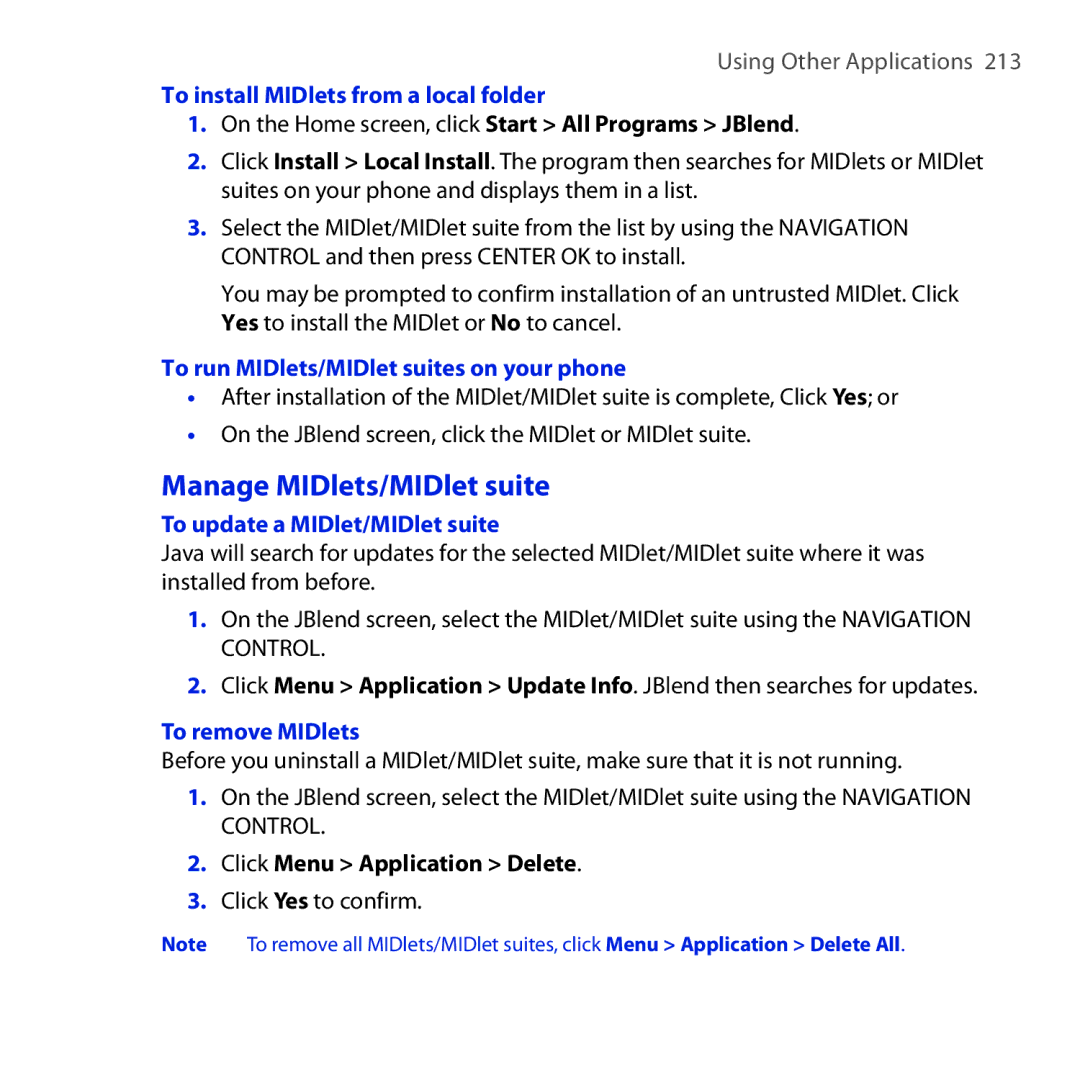 HTC ROSE100 Manage MIDlets/MIDlet suite, To install MIDlets from a local folder, To update a MIDlet/MIDlet suite 