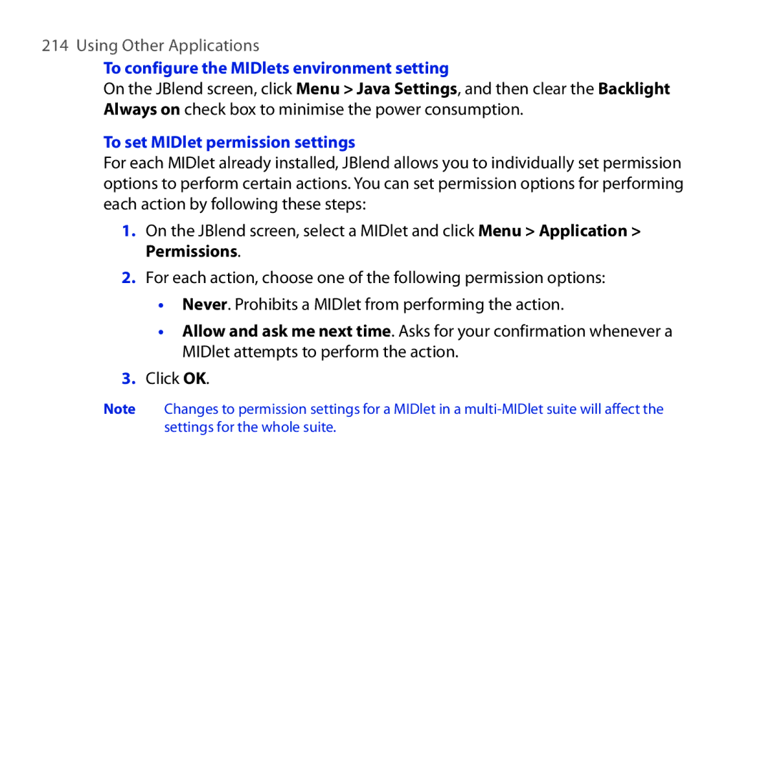 HTC ROSE100 user manual To configure the MIDlets environment setting, To set MIDlet permission settings 