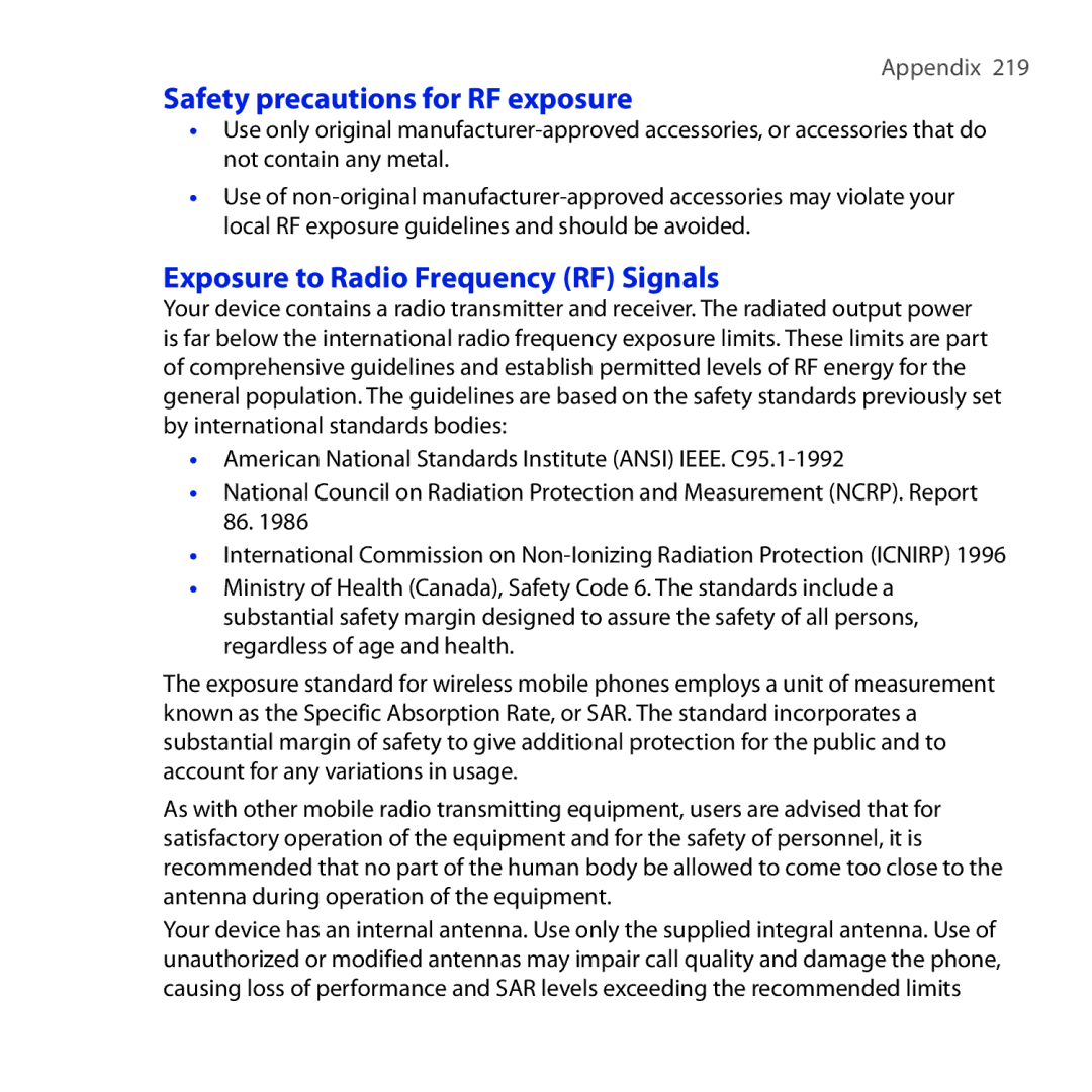 HTC ROSE100 user manual Safety precautions for RF exposure, Exposure to Radio Frequency RF Signals 