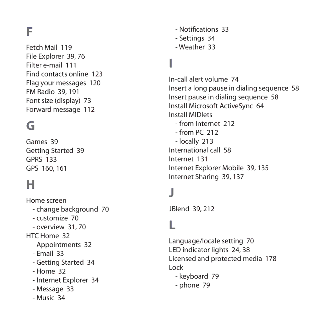 HTC ROSE100 user manual Fetch Mail 119 File Explorer 39, 76 Filter e-mail 