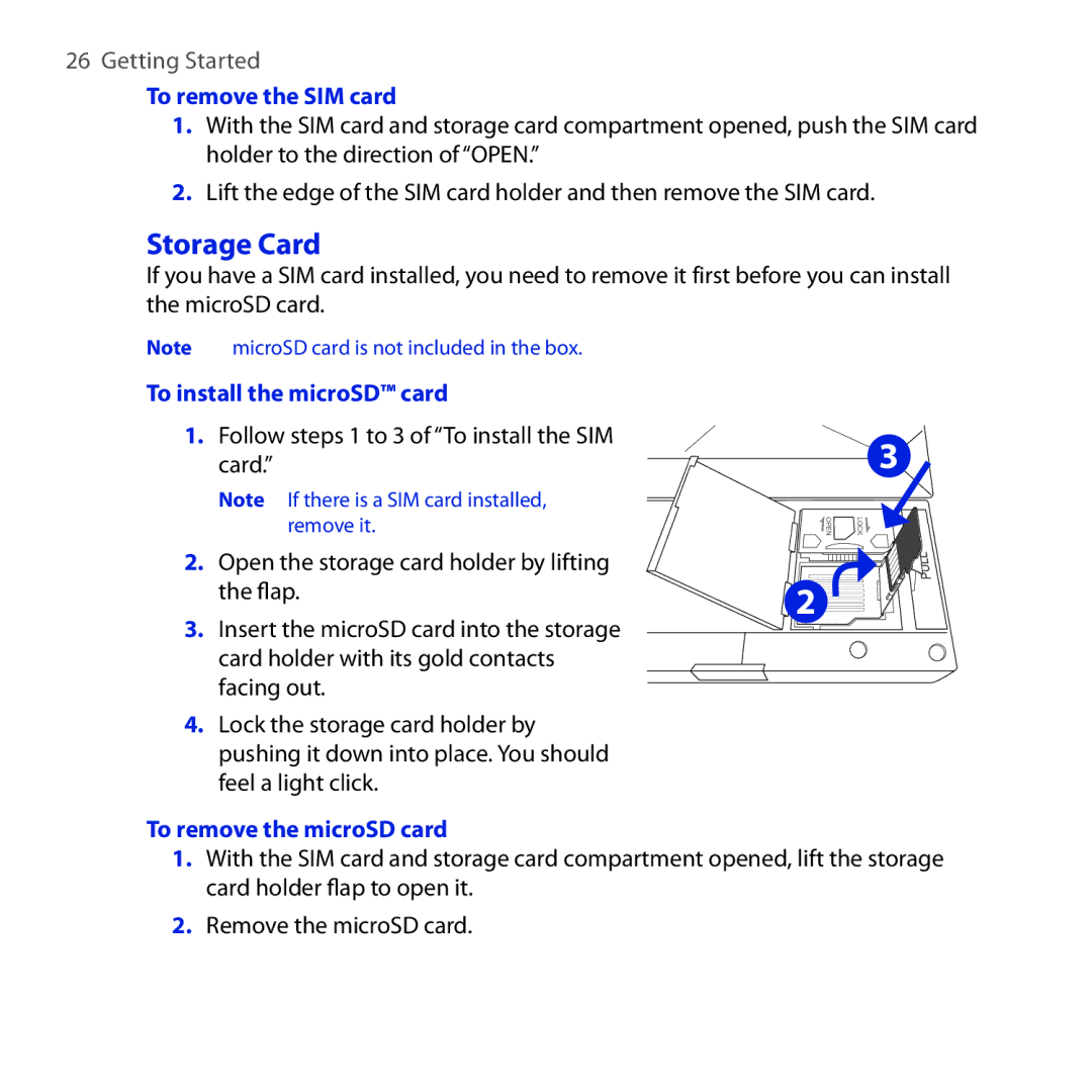 HTC ROSE100 user manual Storage Card, To remove the SIM card, To install the microSD card, To remove the microSD card 