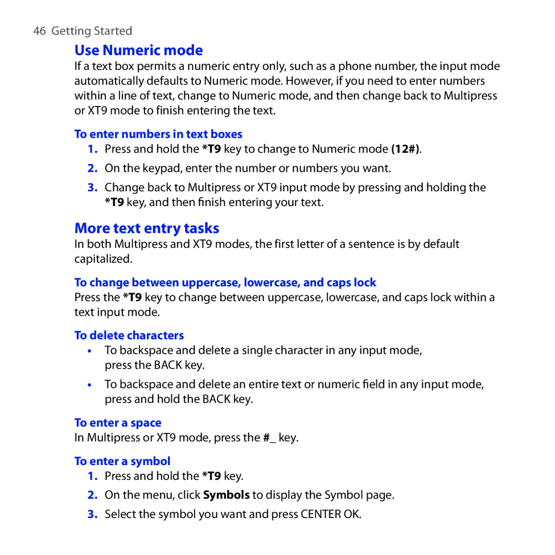 HTC ROSE100 user manual Use Numeric mode, More text entry tasks 