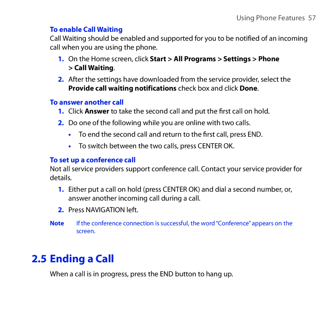 HTC ROSE100 user manual To enable Call Waiting, To answer another call, To set up a conference call 