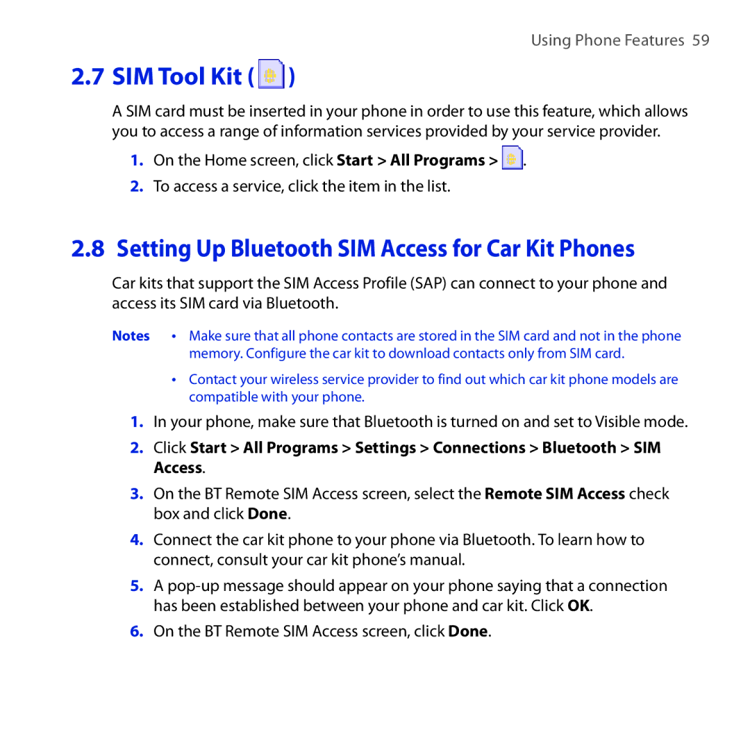 HTC ROSE100 user manual SIM Tool Kit, Setting Up Bluetooth SIM Access for Car Kit Phones 