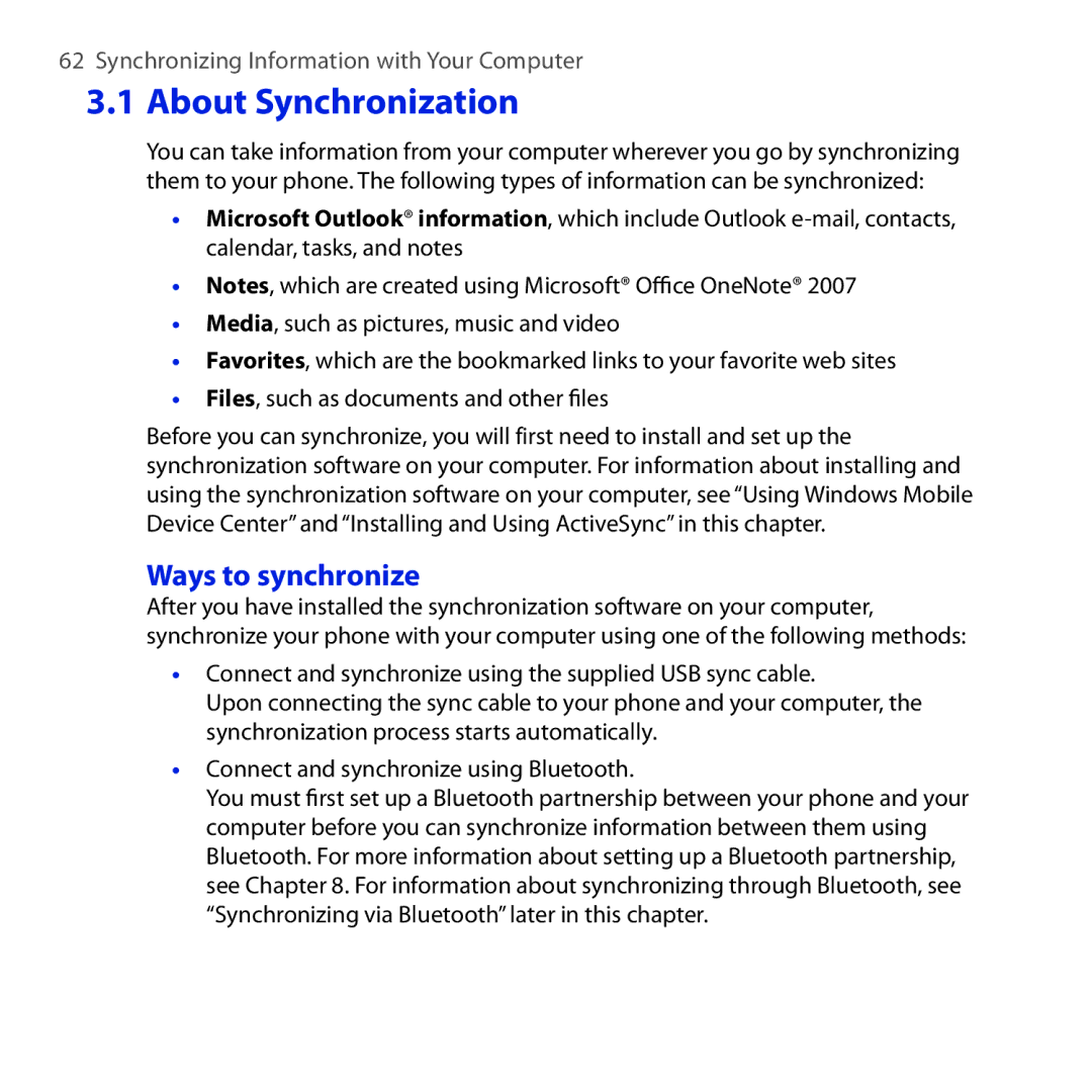 HTC ROSE100 user manual Ways to synchronize 
