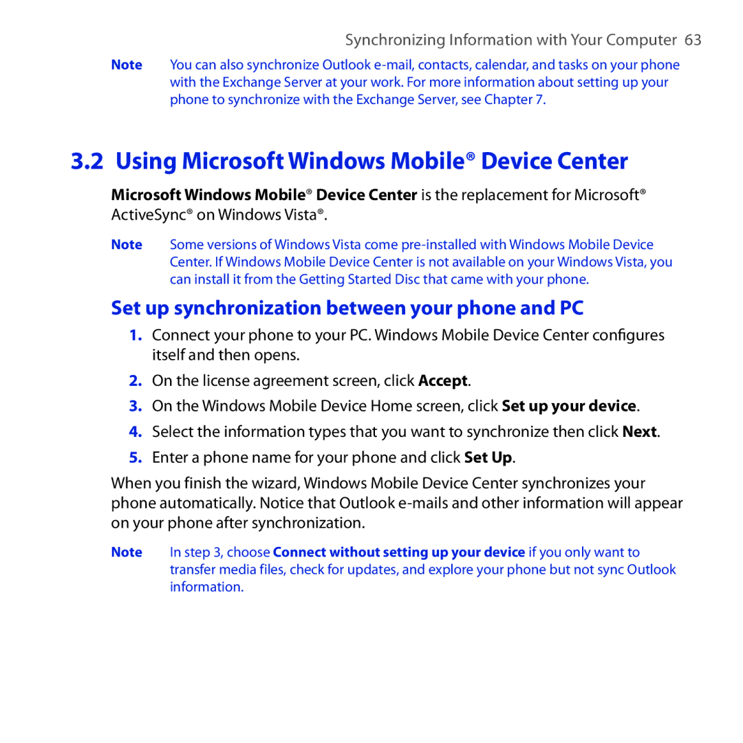 HTC ROSE100 user manual Using Microsoft Windows Mobile Device Center, Set up synchronization between your phone and PC 