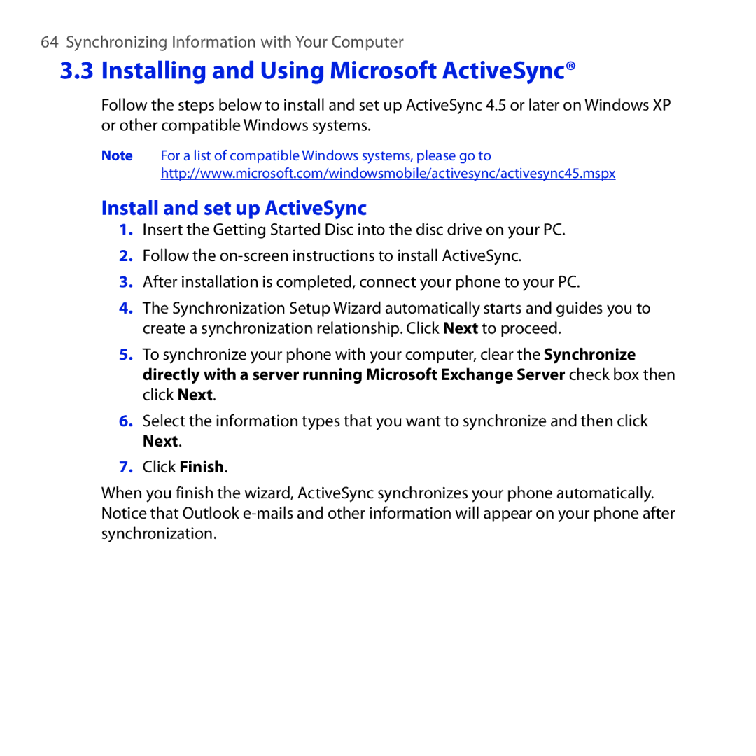 HTC ROSE100 user manual Installing and Using Microsoft ActiveSync, Install and set up ActiveSync 