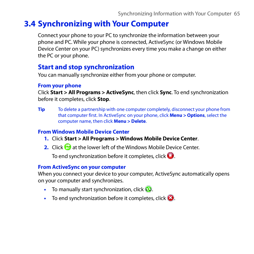 HTC ROSE100 user manual Start and stop synchronization, From your phone, From Windows Mobile Device Center 