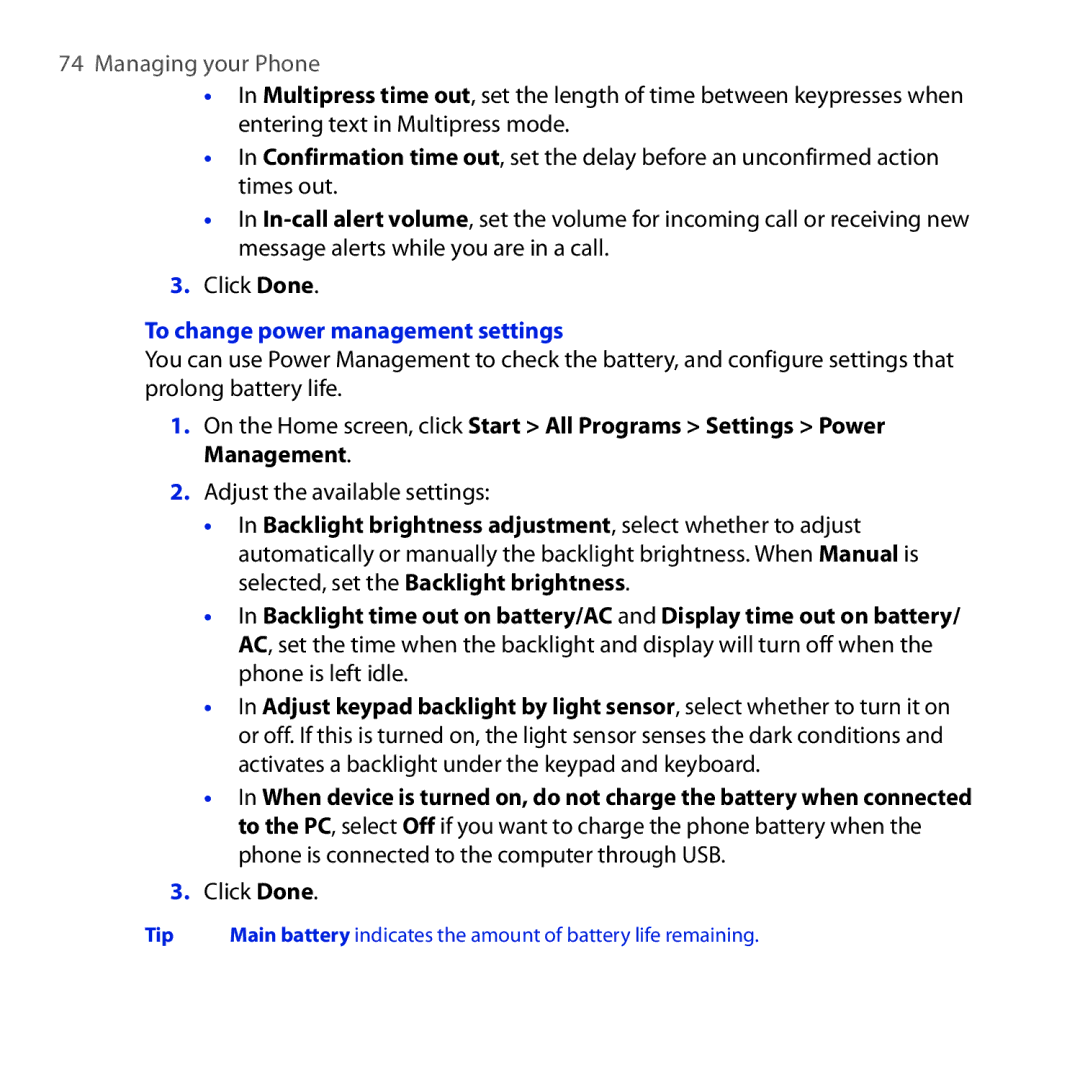 HTC ROSE100 user manual To change power management settings 