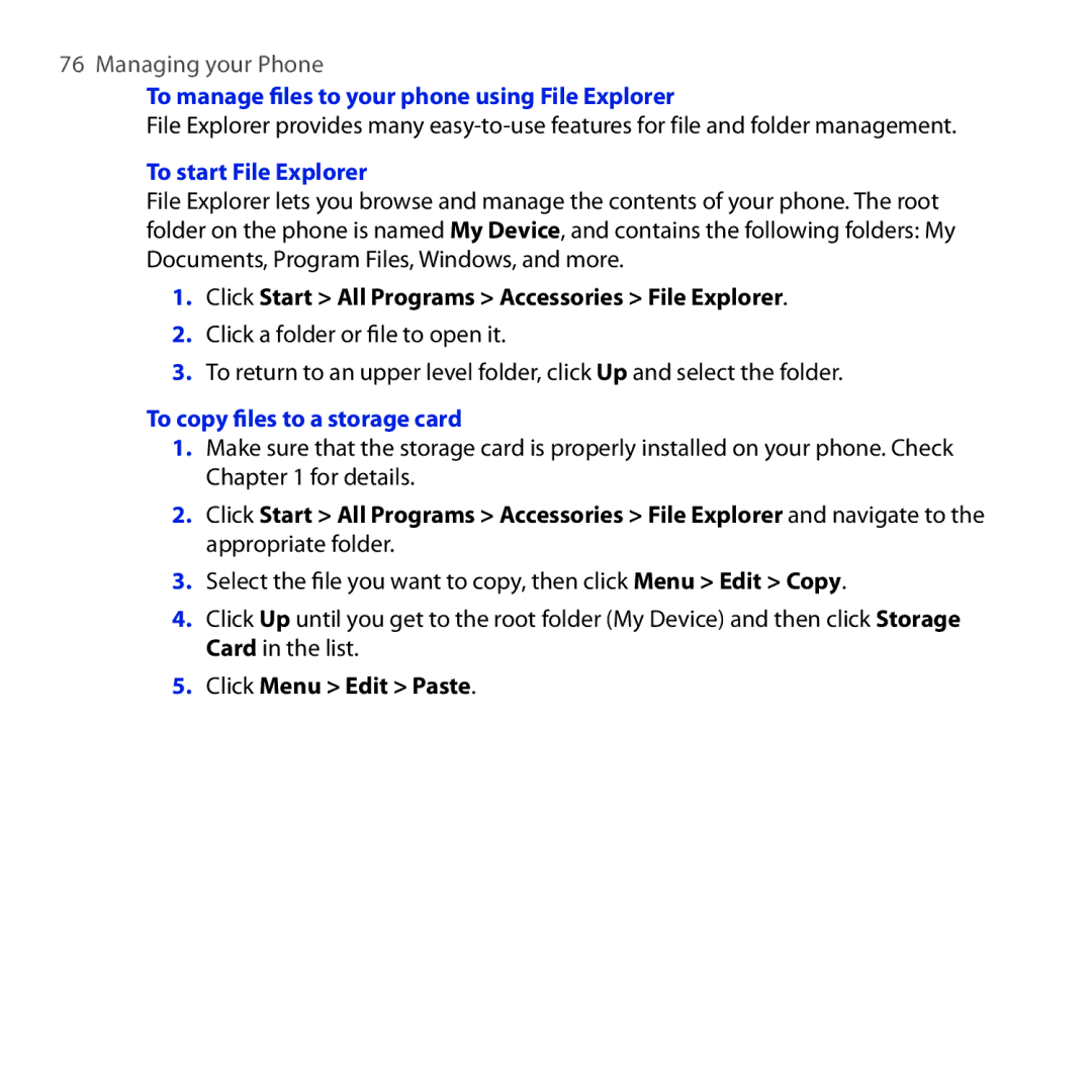HTC ROSE100 To manage files to your phone usingFile Explorer, To start File Explorer, To copy files to a storage card 
