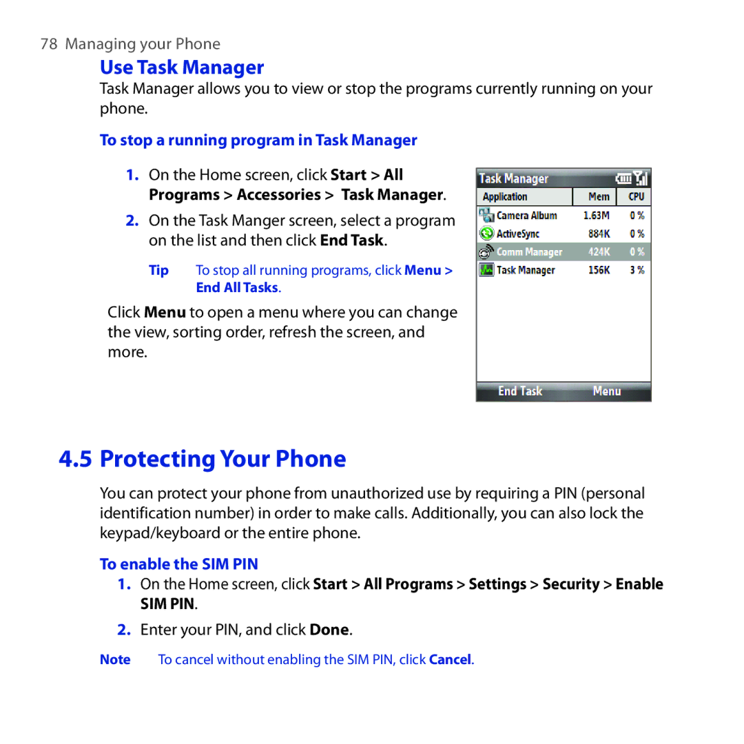 HTC ROSE100 user manual Use Task Manager, To stop a running program in Task Manager, To enable the SIM PIN 