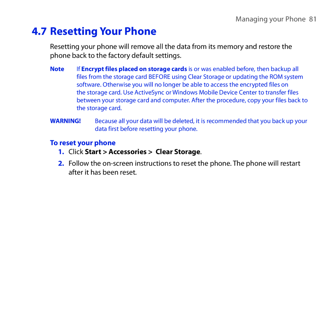HTC ROSE100 user manual Resetting Your Phone, To reset your phone, Click Start Accessories Clear Storage 