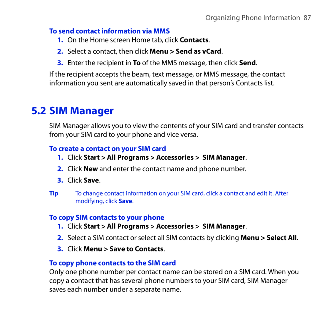 HTC ROSE100 To send contact information via MMS, To create a contact on your SIM card, To copy SIM contacts to your phone 