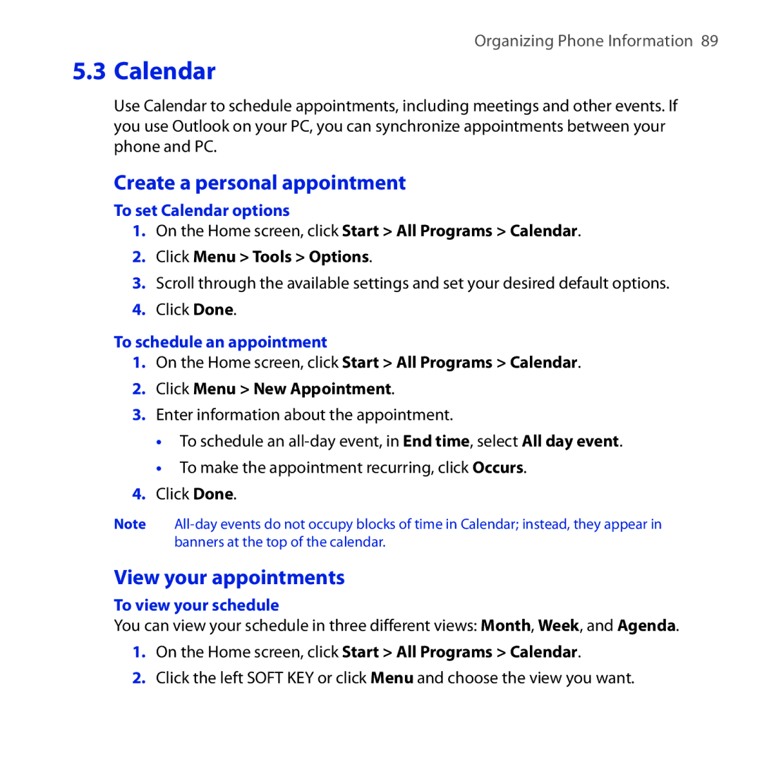 HTC ROSE100 Create a personal appointment, View your appointments, To set Calendar options, To schedule an appointment 