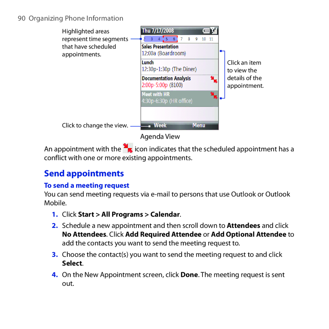 HTC ROSE100 user manual Send appointments, To send a meeting request, Click Start All Programs Calendar 