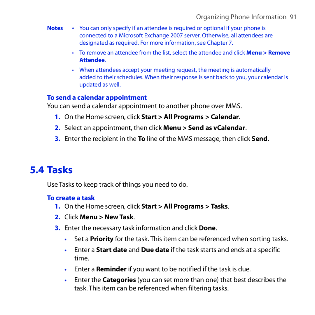 HTC ROSE100 user manual To send a calendar appointment, To create a task 