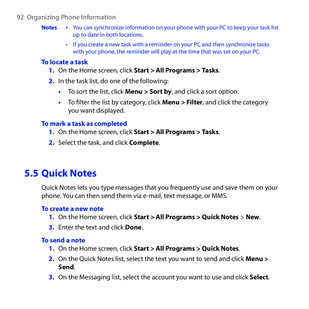 HTC ROSE100 user manual To locate a task, To mark a task as completed, To create a new note, To send a note 