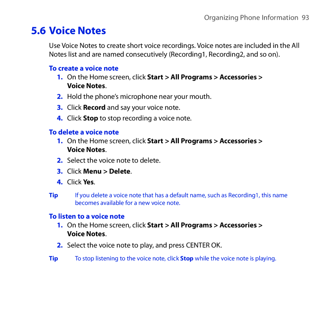 HTC ROSE100 user manual To create a voice note, To delete a voice note, Click Menu Delete, To listen to a voice note 