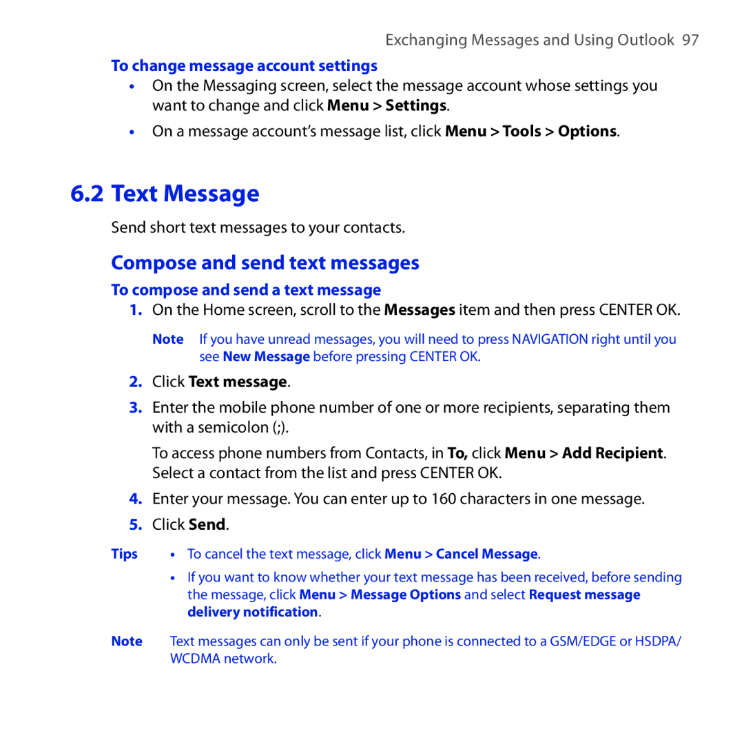 HTC ROSE100 Compose and send text messages, To change message account settings, To compose and send a text message 