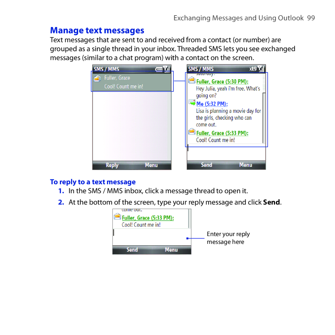 HTC ROSE100 user manual Manage text messages, To reply to a text message 