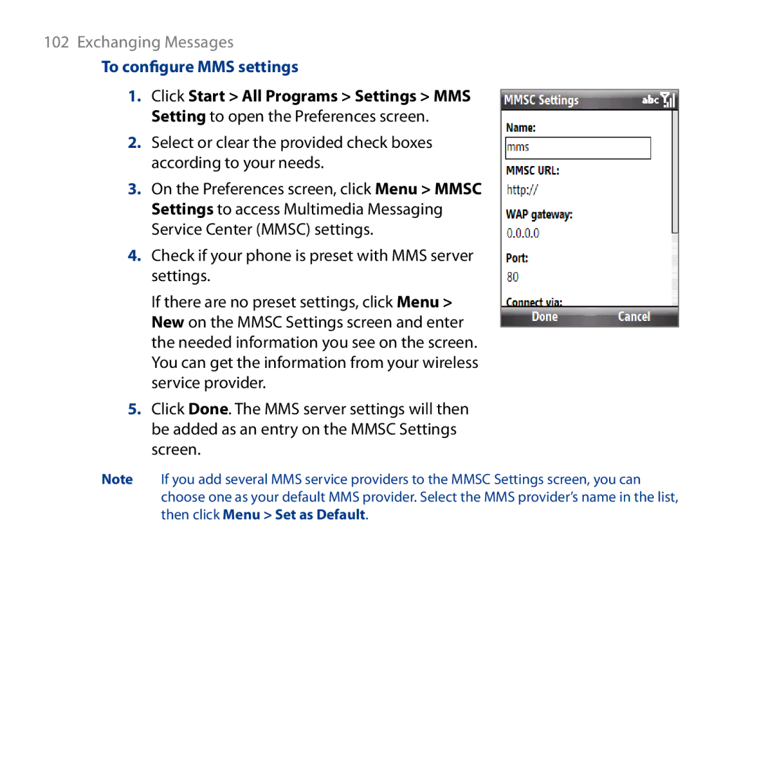 HTC ROSE130, S743 user manual To configure MMS settings 